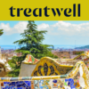 Une vue panoramique de Barcelone depuis le Park Güell, montrant les célèbres bancs en mosaque colorée de Gaudí et les flèches de style féerique, avec la ville et la mer en arrière-plan. Une bannière jaune en haut affiche le logo treatwell.