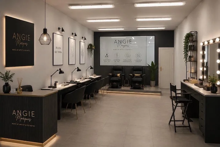 Studio beauté épuré et moderne en noir et or, avec la signature Angie Marques au mur, une rangée de fauteuils de manucure et de lampes le long d'un côté, une estrade avec des fauteuils de soin, et un miroir de maquillage à ampoules à droite.