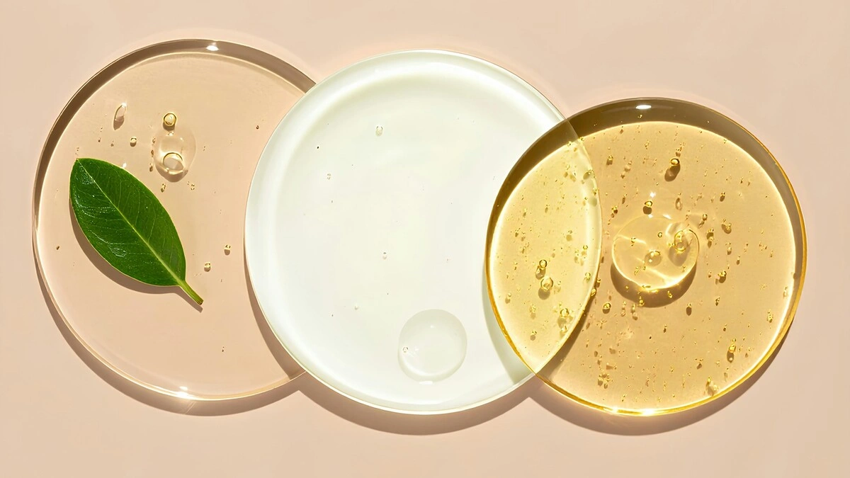 Vue de dessus de trois cercles superposés de produits visage hydratants et nourrissants sur un fond pêche clair