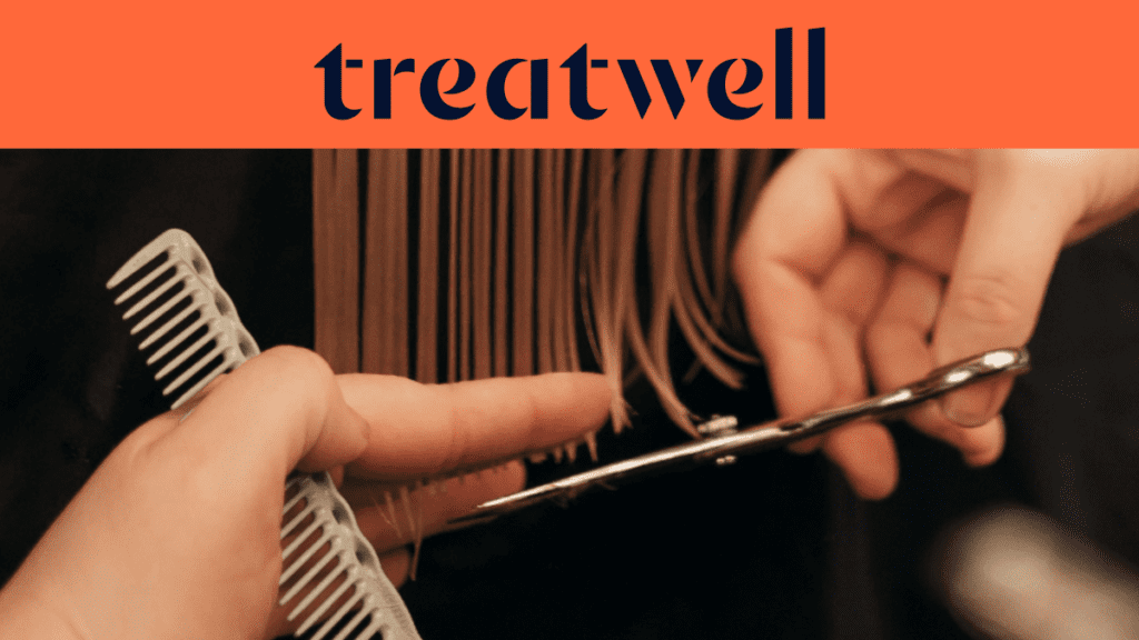 Primo piano delle mani di un parrucchiere che taglia le punte di capelli lisci con forbici e pettine. In alto, una fascia arancione mostra il logo "Treatwell" in blu scuro.