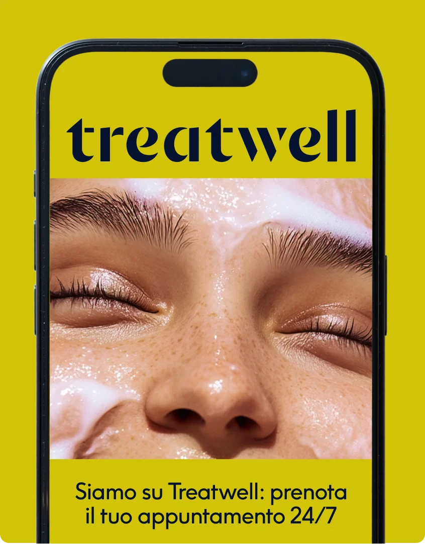 Smartphone con l'app Treatwell e l'invito a prenotare un appuntamento 24 ore su 24