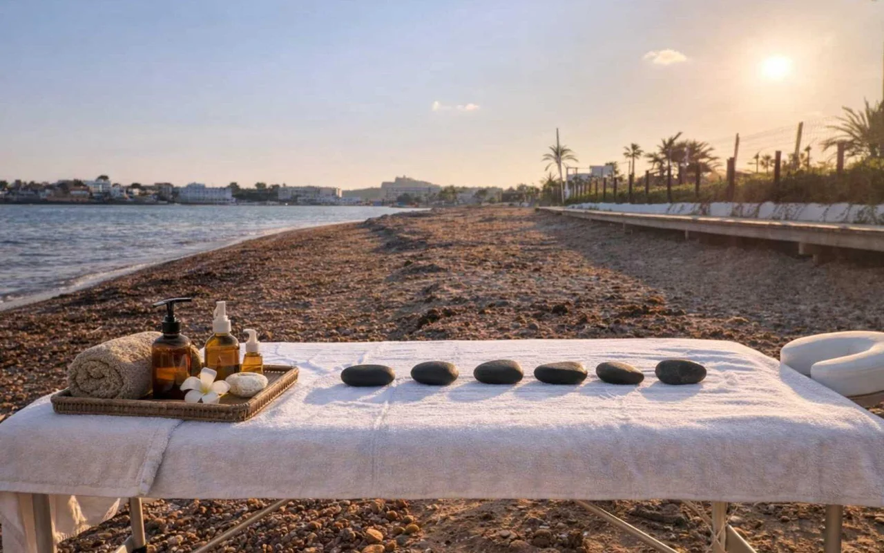 Un tavolo da massaggio allestito su una spiaggia di ciottoli all'ora d'oro, con un asciugamano arrotolato, un vassoio con boccette di olio color ambra, un fiore di frangipani e una fila di pietre calde scure. Il mare e una riva orlata di palme si estendono in lontananza sotto un cielo serale caldo.