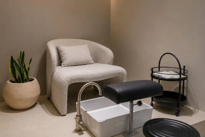 Eine ruhige Pediküre-Ecke in sanften Taupe-Tönen mit einem geschwungenen cremefarbenen Bouclé-Sessel und Kissen, einem weissen Pediküre-Fussbad mit schwarzer Fussstütze, einem runden schwarzen Trolley und einer getopften Bogenhanf-Pflanze.