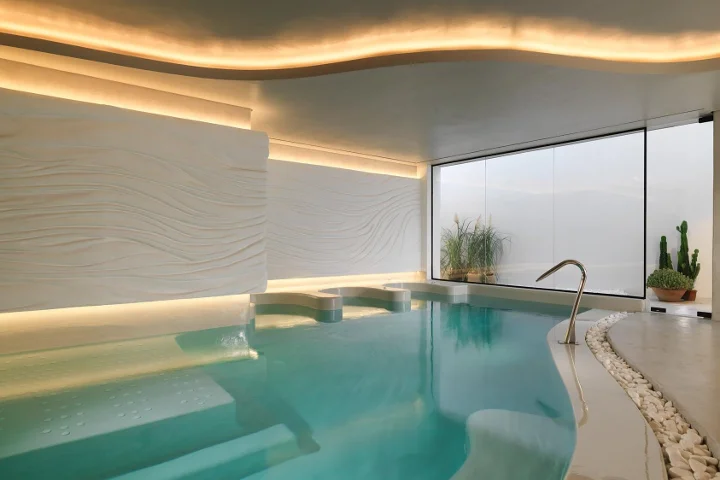Ein Thalassotherapie-Innenpool mit hellem türkisfarbenem Wasser und eingebauten Liegen, einer wellenförmig strukturierten weissen Wand mit Voutenbeleuchtung, einer geschwungenen Decke, einem grossen Milchglasfenster, getopften Gräsern und einem Kaktus sowie einem Kieselsteinrand.